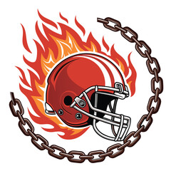 Design a fiery football helmet logo engulfed in intense flames, incorporating the letters 