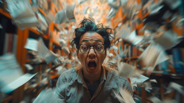 A dynamic portrayal of a shocked man amidst a whirlwind of flying pages, capturing the chaos and excitement of knowledge discovery in a vibrant library setting. - Powered by Adobe