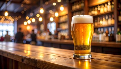 Golden beer with foam on wooden bar counter in warm bar atmosphere