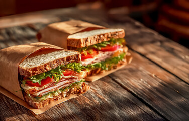 Zero waste sandwich packaging made from eco-friendly materials, sandwich halves on kraft paper