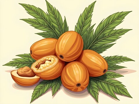 Date palm fruit and nuts with leaves illustration