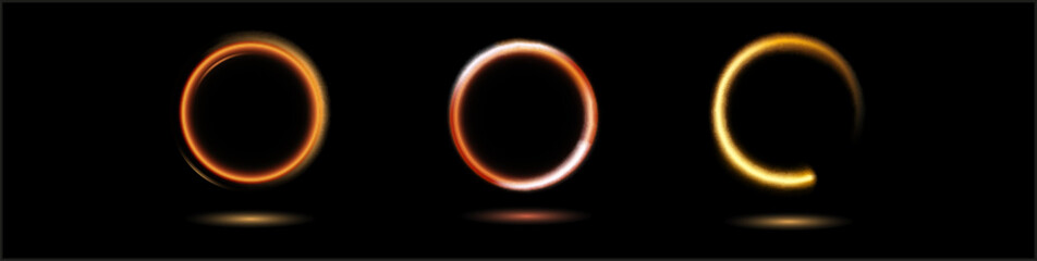Modern magic witchcraft circle with runes. Ethereal fire portal sign with strange flame spark. Decor elements for magic doctor, shaman, medium. Luminous trail effect on transparent background.