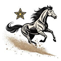 A majestic brown horse galloping at full speed, kicking up a swirling dust trail, proudly displaying a gleaming star-shaped badge on its flank.