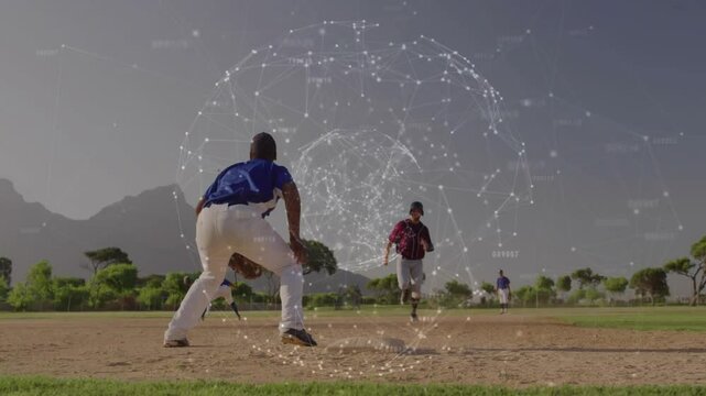 Coach sending runner sliding third stirring dust as technology nodes swirl around baseman tagging