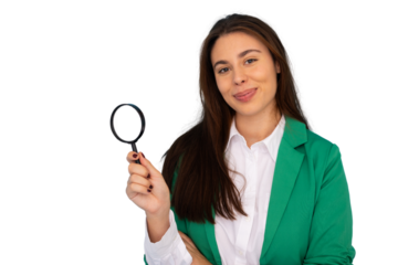Smiling businesswoman holding magnifying glass, searching and analyzing, isolated on transparent background