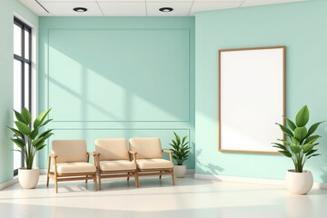 Fototapeta premium create a modern waiting room interior illustration, the space should feature clean hallway walls with mint green tones and beige chairs