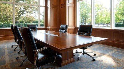 Fototapeta premium Conference room with large windows overlooking trees