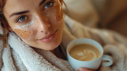 A young woman with freckled skin enjoys a warm cup of coffee while wearing heart-shaped under-eye patches, embodying self-care and relaxation in a cozy atmosphere.