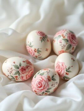 Easter eggs decorated with roses and birds resting on white silk