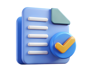 3D paper document icon with check mark symbolizing approved content, validation, digital forms, or completed tasks with PNG transparency background. 