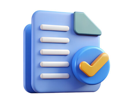 3D paper document icon with check mark symbolizing approved content, validation, digital forms, or completed tasks with PNG transparency background. 