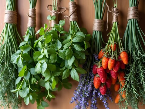 Herbs and flowers drying bright. Vibrant herbs and flowers are tied and hung on a wooden board, creating a beautiful display of colors and textures.