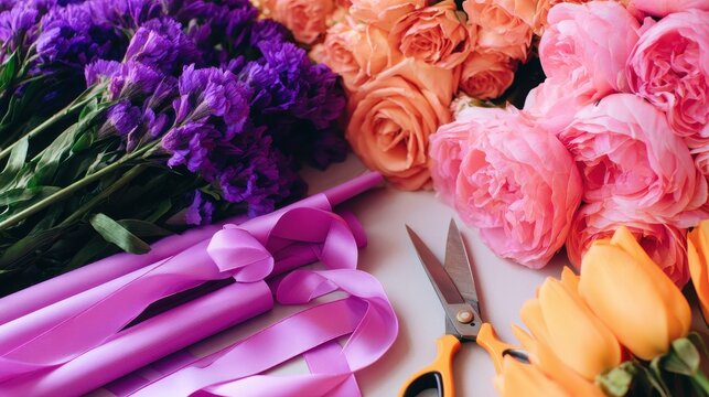 A vibrant arrangement of colorful flowers and crafting tools on a table, showcasing floral artistry