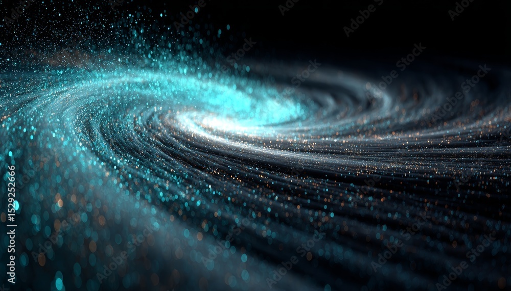 Poster abstract swirling teal galaxy background with glowing particles and bokeh effect on dark background