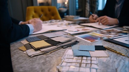 Interior design meeting fabric samples color palettes for home decor and renovation project planning
