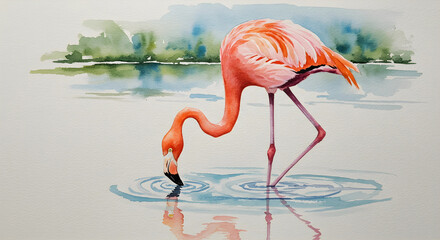 Watercolor illustration of Flamingos search for food in the water, while reflecting their elegant pink beauty calmly.