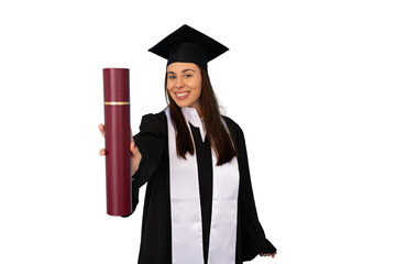 Smiling female graduate holding diploma, celebrating academic success against transparent backdrop