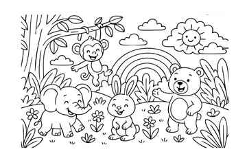 Hand drawn coloring book illustration for kids, cute animal, unicorn, fairy, mermaid