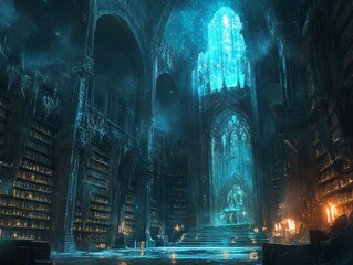 mysterious ancient library with towering shelves and glowing runes, Generative AI