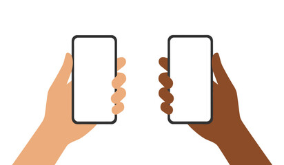Flat cartoon hand holding white screen smartphone
