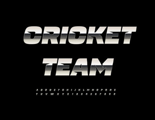 Vector Sportive emblem Cricket Team. Dynamic Silver Font. Cool Metallic Alphabet Letters and Numbers set