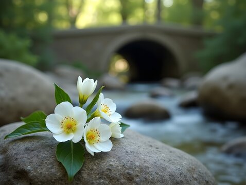 White Flower Blossoms on Smooth Stones