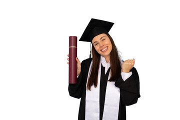Young graduate holding diploma and celebrating with fist pump, isolated on transparent background