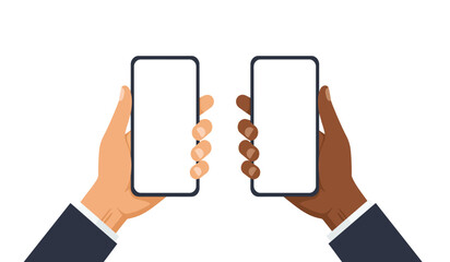 Flat cartoon hand holding white screen smartphone