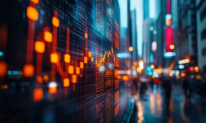 abstract representation of a bustling financial district, with stock market graphs overlaying skyscrapers, Generative AI