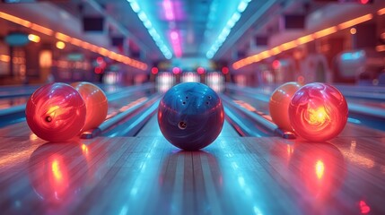 A striking bowling alley illuminated in vibrant colors, featuring glossy bowling balls poised for action, evoking a sense of fun, competition, and recreational activity.