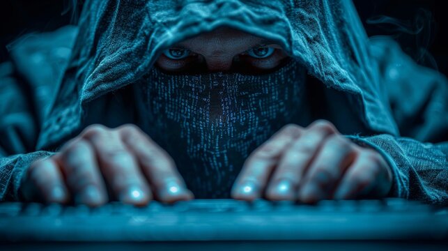 A mysterious cloaked figure intensely typing on a backlit keyboard, embodying the themes of secrecy, technology, and the allure of the unknown in the digital age.