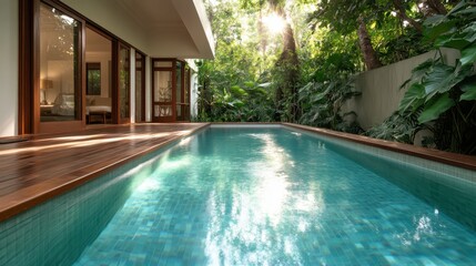 Fototapeta premium This serene poolside retreat showcases a stunning turquoise pool surrounded by lush tropical foliage, creating a peaceful and inviting atmosphere for relaxation and leisure.