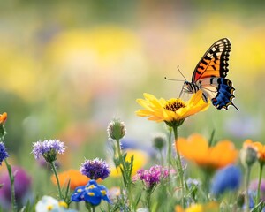 Fototapeta premium serene meadow filled with colorful wildflowers and butterflies, Generative AI