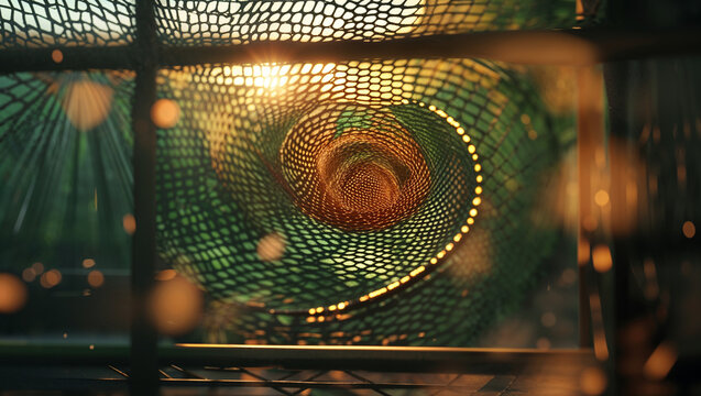 Abstract spiral design with a net texture in the background and the golden sunlight