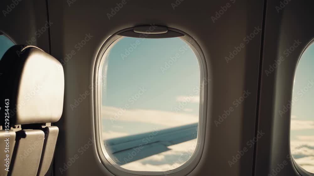 Poster sunlight shines through the airplane window as the wing passes by, revealing a breathtaking view of 