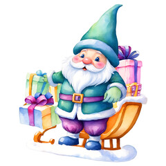 Obraz premium Charming Christmas Gnome with Gifts on Sleigh Watercolor Illustration