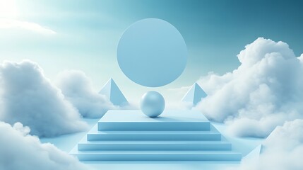 Sky blue abstract pedestal with sphere and polygon blend showing product mockup