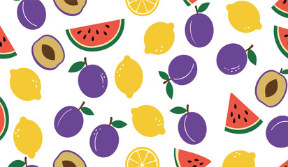 Fruit seamless pattern, decorative background of fruits and berries icons, textile print, wallpaper, decoration. 