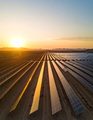 Aerial View of Vast Solar Panel Array at Sunset. Golden Light Reflecting on Photovoltaic Cells in Desert Landscape. Sustainable, Renewable & Clean Energy Generation, Future Power