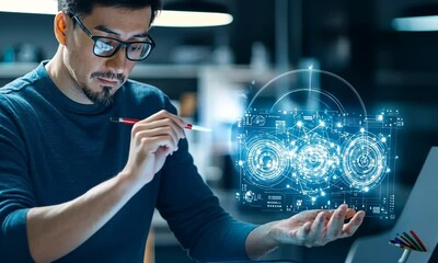 A young Asian man with glasses works on a digital tablet. He uses a stylus to create designs in a modern workspace with a dark background. - Powered by Adobe