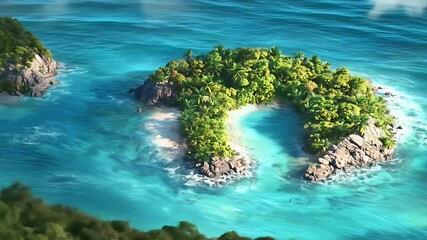 Aerial view of a tropical question mark shaped island with turquoise water and lush vegetation - Powered by Adobe