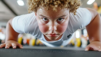 Determined caucasian young male teen performing push-up exercise in gym, wearing white shirt, focused on fitness and strength building. Overweight teen boy