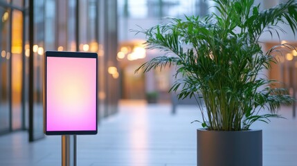 Digital signage in a modern indoor space. Blurry interior with a plant