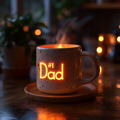 Father&rsquo;s Day Mug with "Dad" Text and Steaming Coffee &ndash; Cozy Scene Illustration.