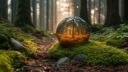 Forest scene reflected in a glass sphere