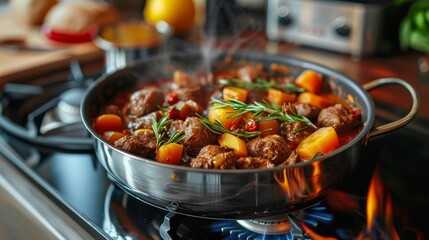 A savory dish with juicy meat, vegetables, and aromatic herbs is being cooked over heat, showcasing culinary artistry and the delightful experience of cooking at home.