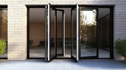 Black frame folding door partially open in zigzag formation, revealing extended space