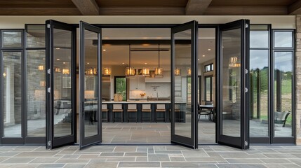 Black steel folding door partially folded, connecting indoor and semi-outdoor areas