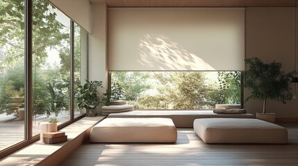 Fototapeta premium Bright Scandinavian-style interior with large swing windows and modern blinds for light control