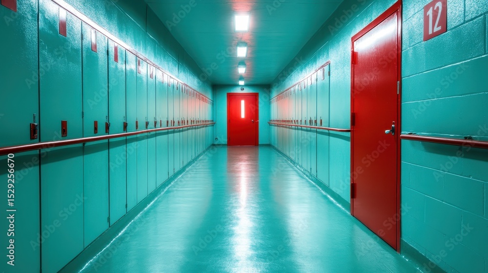 Aufkleber a striking view of a vibrant teal hallway lined with red doors, illuminated with bright lights, crea